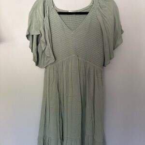 Women's Sage Green V-Neck Flutter Sleeve Dress